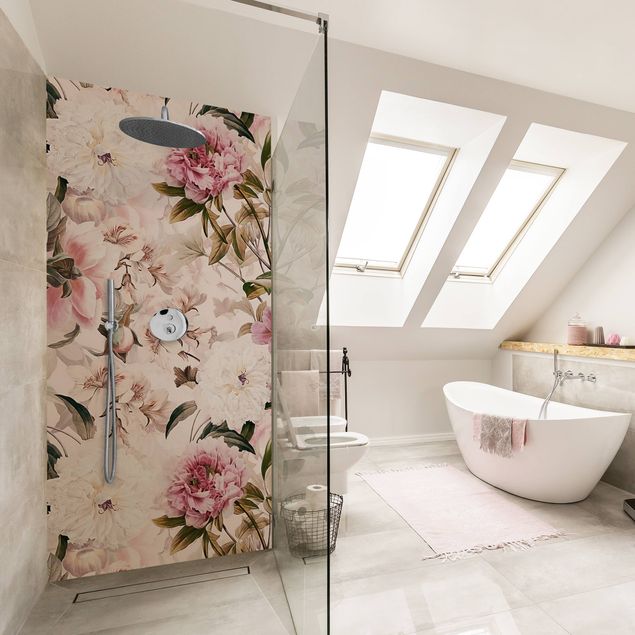 Tylna ścianka prysznicowa - Illustrated Peonies In Light Pink