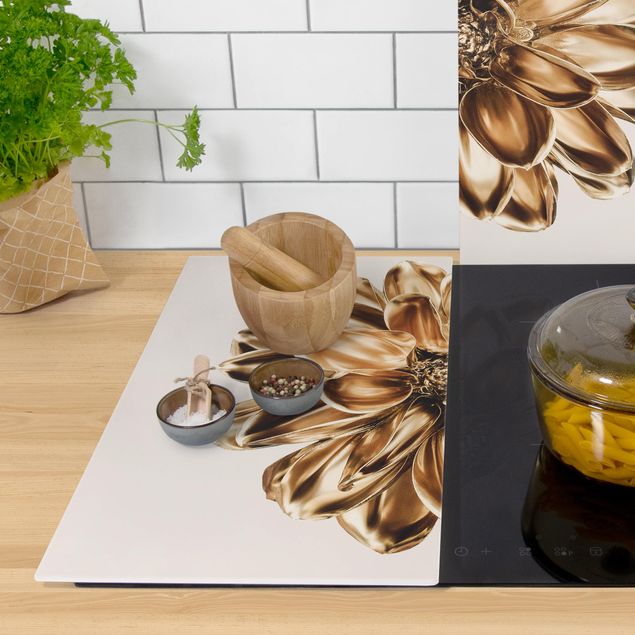 Szklana płyta ochronna na kuchenkę - Kwiat dalii Złoty metalik
