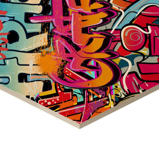 Obraz heksagonalny z drewna - HipHop Graffiti