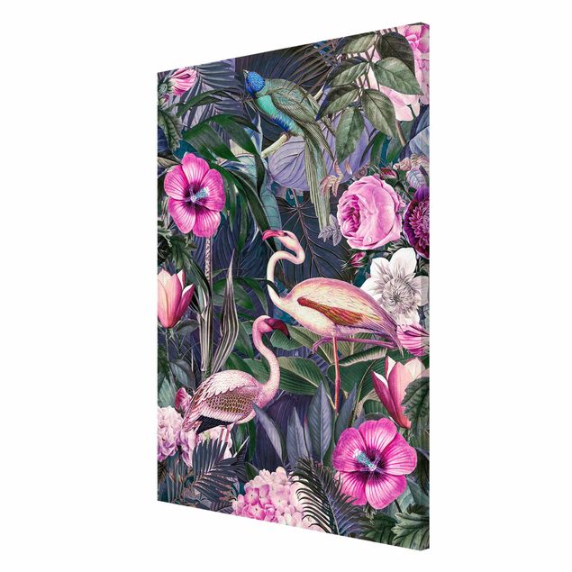 Obrazy nowoczesne Kolorowy kolaż - Różowe flamingi w dżungli