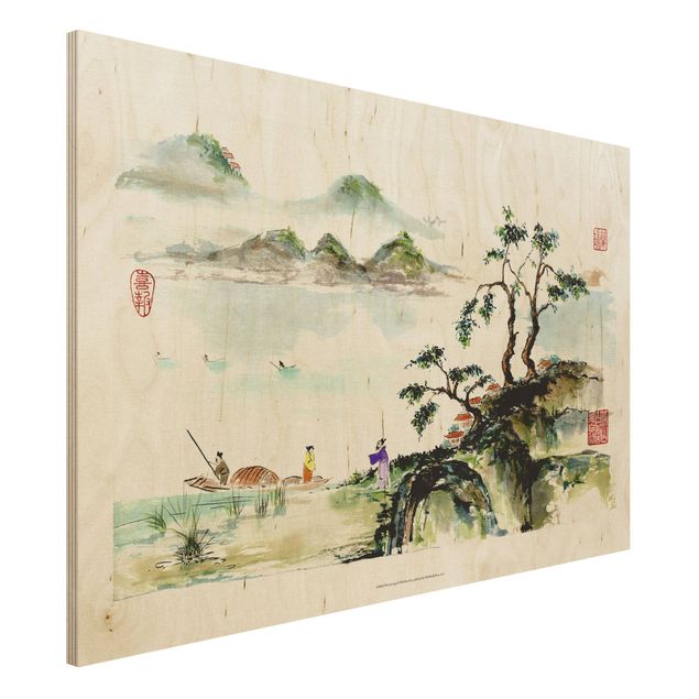 Dekoracja do kuchni Japońska akwarela do rysowania jeziora i gór