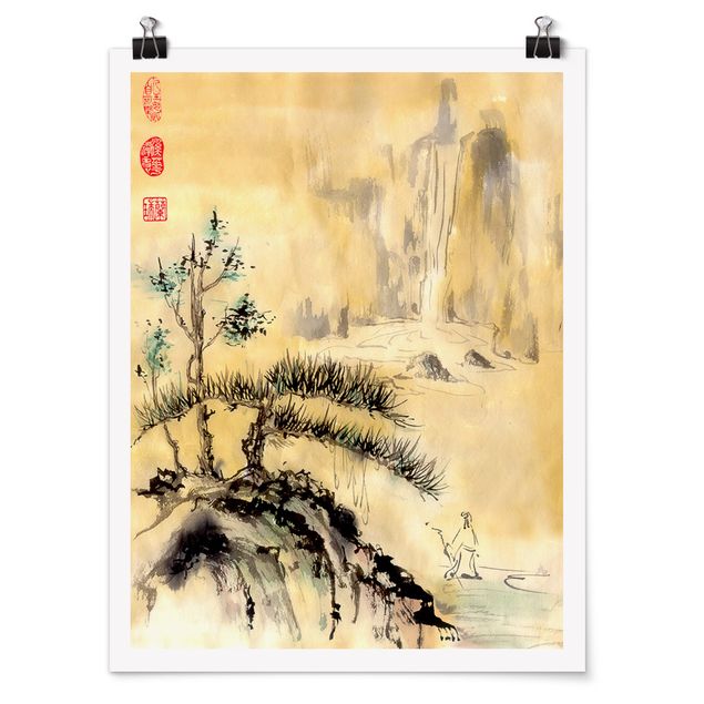 Obrazy drzewa Japońska akwarela Rysowanie cedrów i gór