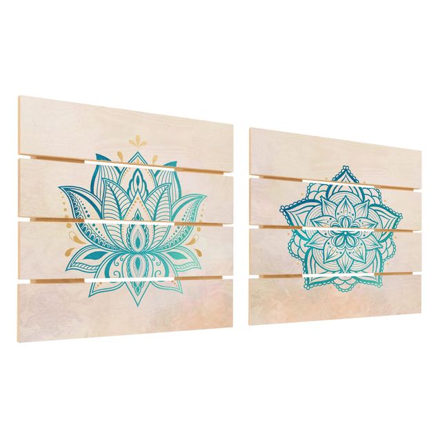 Obraz z drewna 2-częściowy - Mandala Hamsa Hand Lotus Set złoty niebieski