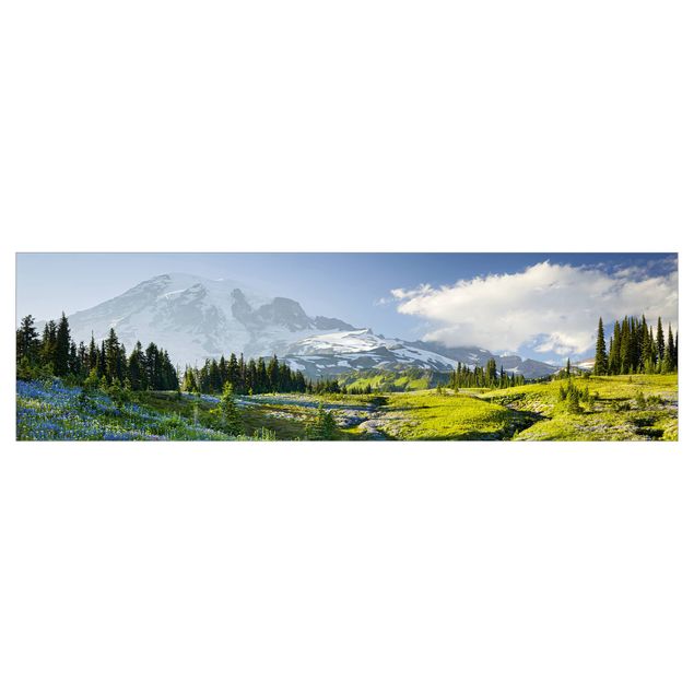 Panel ścienny do kuchni - Mountain Meadow With Blue Flowers in Front of Mt. Rainier