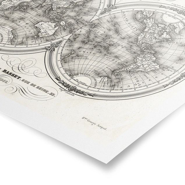 Obrazki czarno białe Mapa świata - francuska mapa półkul z 1848 r.
