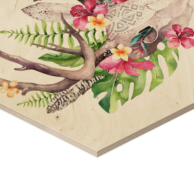 Obraz heksagonalny z drewna - Czaszka tropikalnego kwiatu II