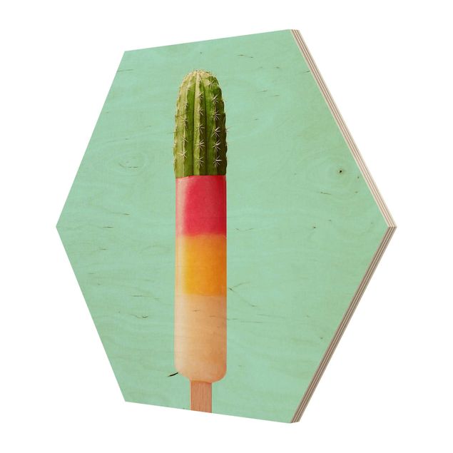 Obraz heksagonalny z drewna - Lód z kaktusem
