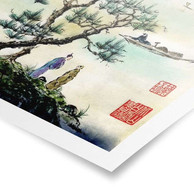Obrazy krajobraz Japońska akwarela Drzewo sosnowe i górska wioska