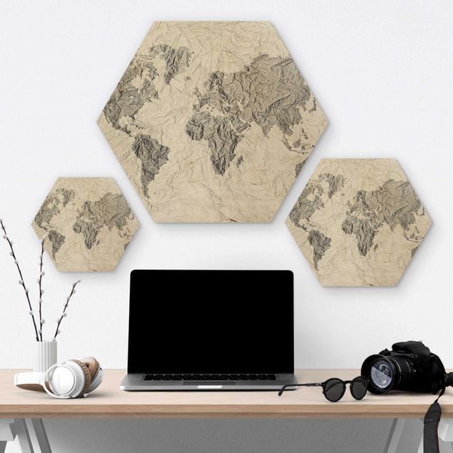 Obraz heksagonalny z drewna - Papierowa mapa świata biała szara