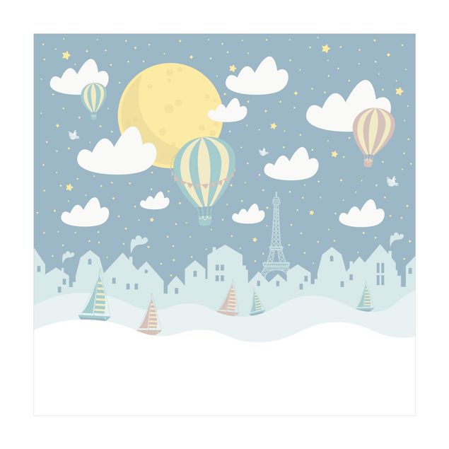 dywan niebieski Paryż z gwiazdami i balonem na ogrzane powietrze