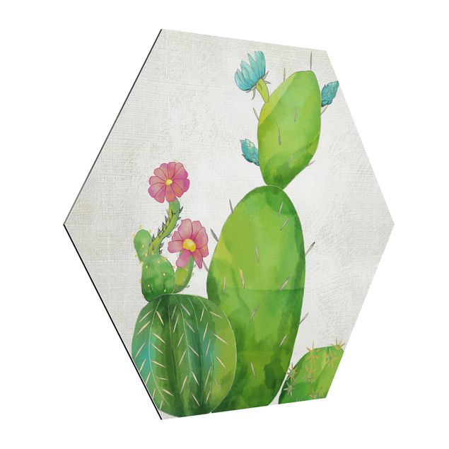 Obraz heksagonalny z Alu-Dibond - Rodzina kaktusów różowo-turkusowy
