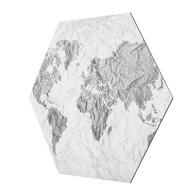 Obraz heksagonalny z Alu-Dibond - Papierowa mapa świata biała szara