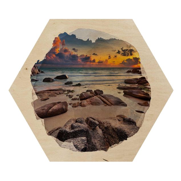 Obraz heksagonalny z drewna - Akwarele - wschód słońca na plaży w Tajlandii