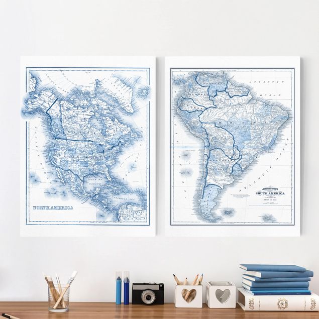 Dekoracja do kuchni Mapy w odcieniach niebieskiego Ameryka Północna i Południowa Zestaw I