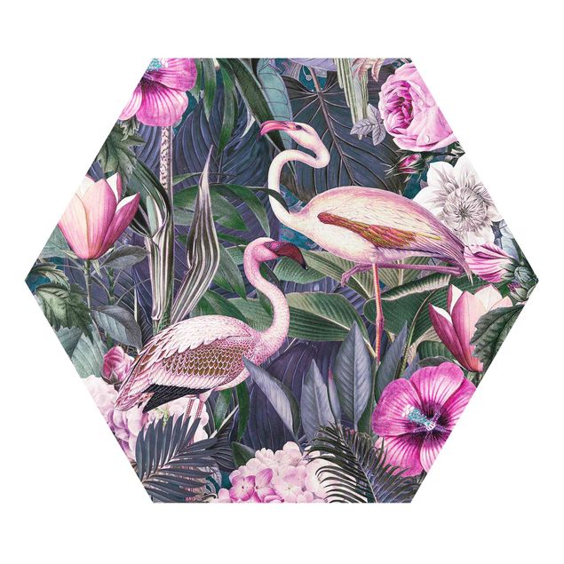 Obrazy dżungla Kolorowy kolaż - Różowe flamingi w dżungli