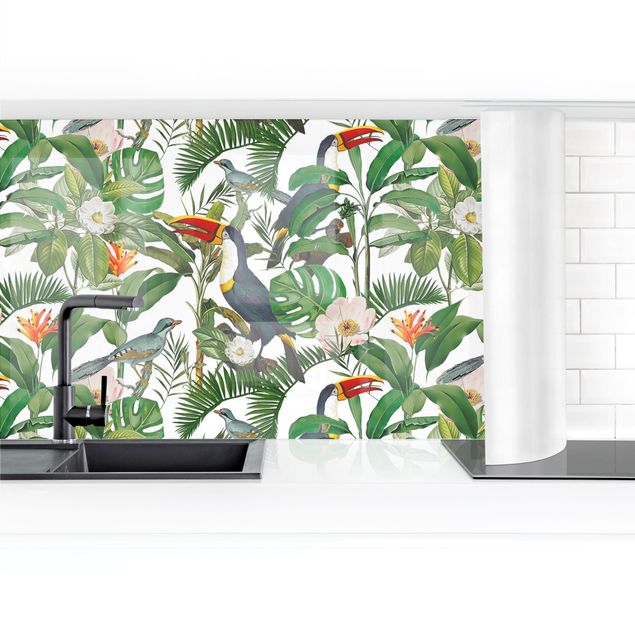 Panele szklane do kuchni Tropikalny tukan z monstera i liśćmi palmy II
