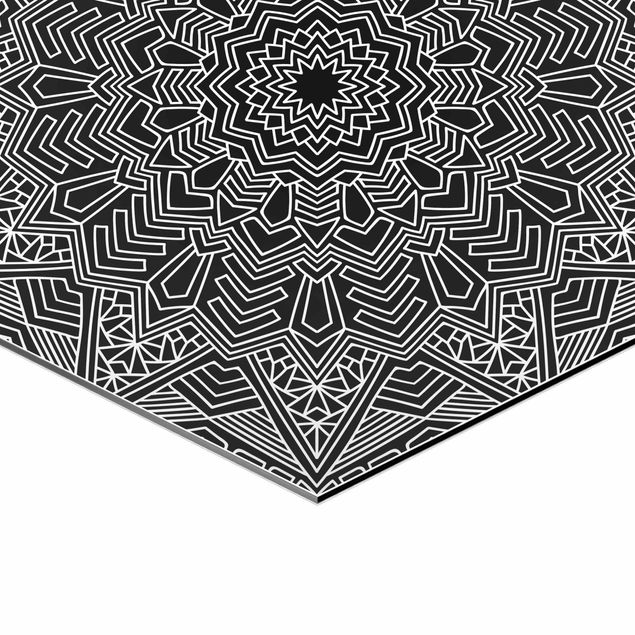 Obraz heksagonalny z Alu-Dibond 2-częściowy - Wzór mandali z kwiatami i gwiazdami Czarny