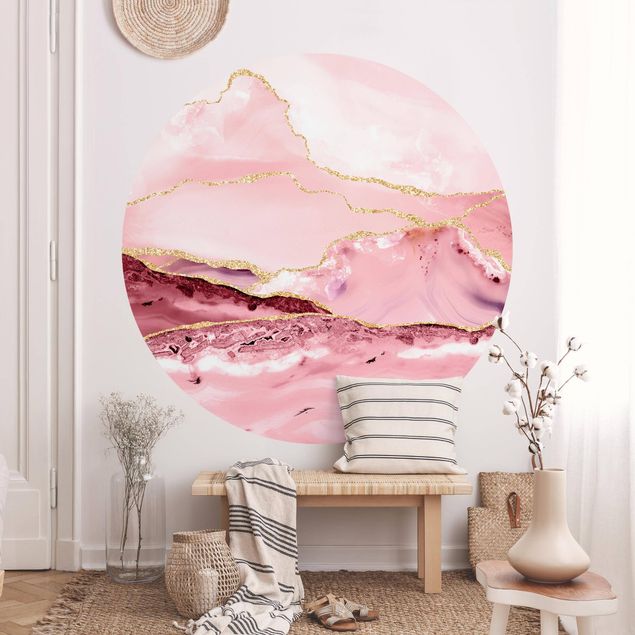 Marmur tapeta Abstrakcyjne góry różowe ze złotymi liniami