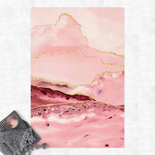nowoczesny dywan Abstrakcyjne góry różowe ze złotymi liniami