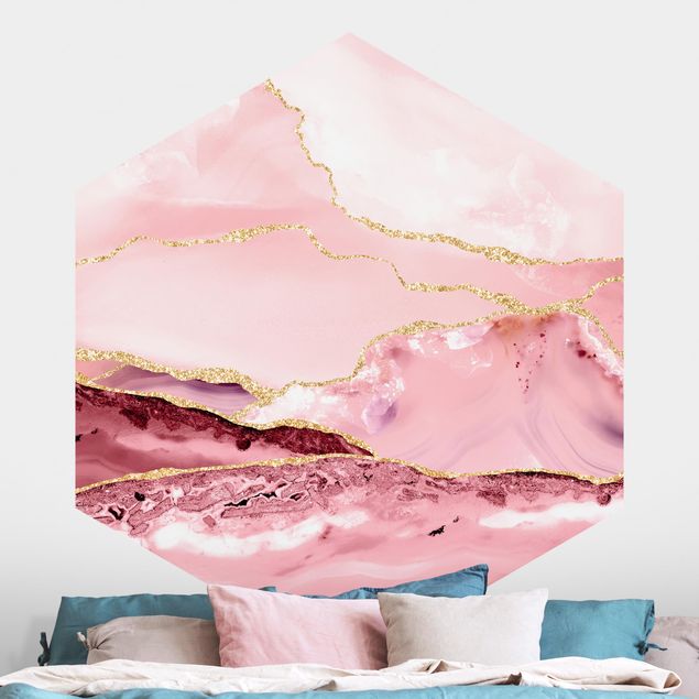 Fototapety marmur Abstrakcyjne góry różowe ze złotymi liniami