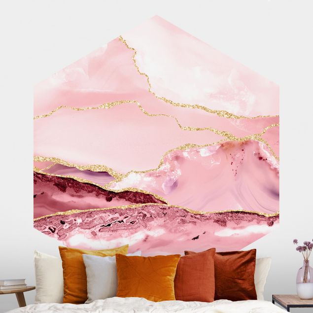 Dekoracja do kuchni Abstrakcyjne góry różowe ze złotymi liniami