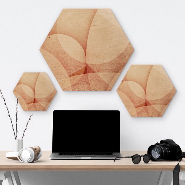 Obraz heksagonalny z drewna - Abstrakcyjna grafika w kolorze brzoskwiniowym