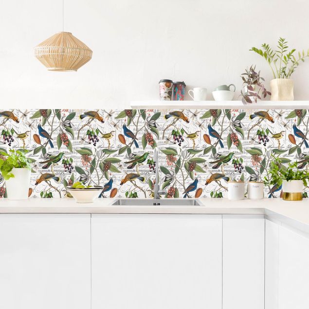 Panele szklane do kuchni Nostalgiczny jagodowy Niebieskis z rajskimi ptakami