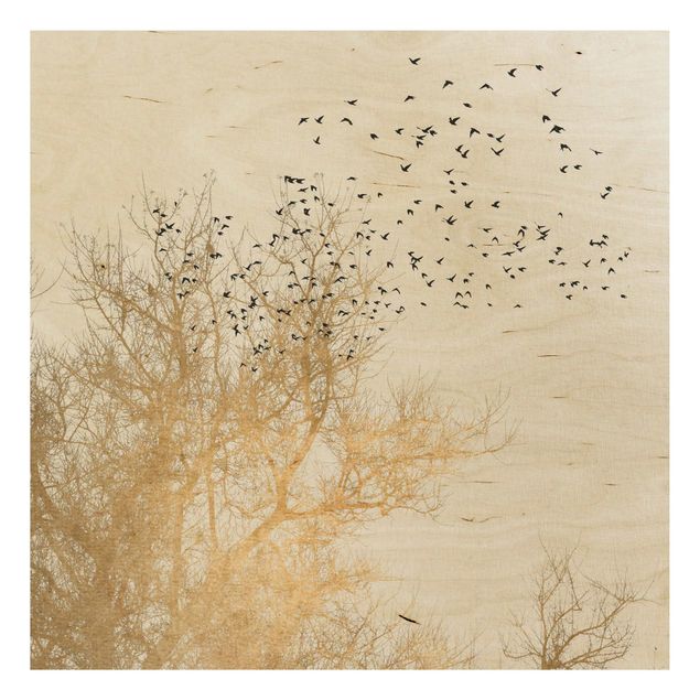 Obrazy na ścianę Stado ptaków na tle złotego drzewa