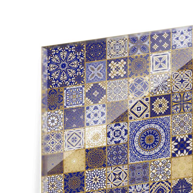 Panel szklany do kuchni - Płytki orientalne Niebieski ze złotym połyskiem