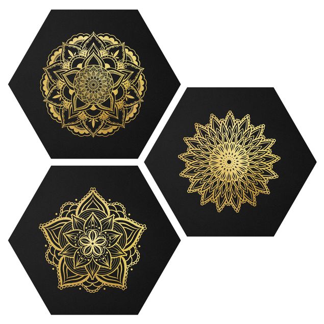 Obraz heksagonalny z Alu-Dibond 3-częściowy - Zestaw ilustracji Mandala Flower Sun Czarne złoto