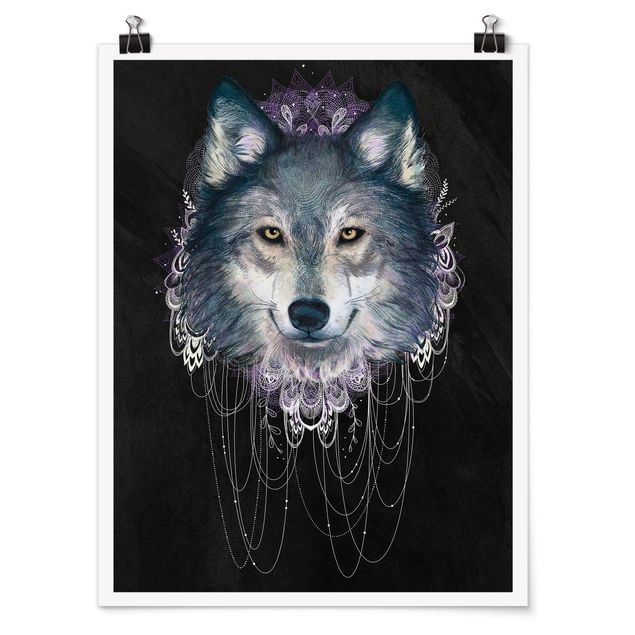 Obrazy zwierzęta Ilustracja wilka z boho łowcą snów Czarna