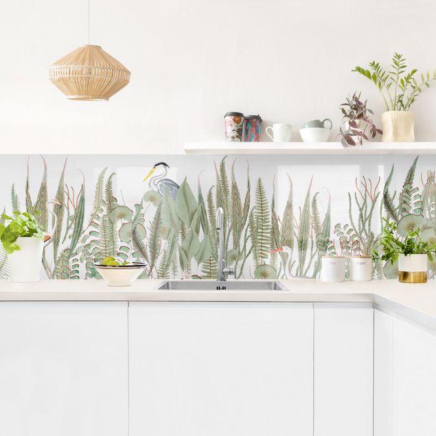 Panel szklany do kuchni Flaming i bocian z roślinami