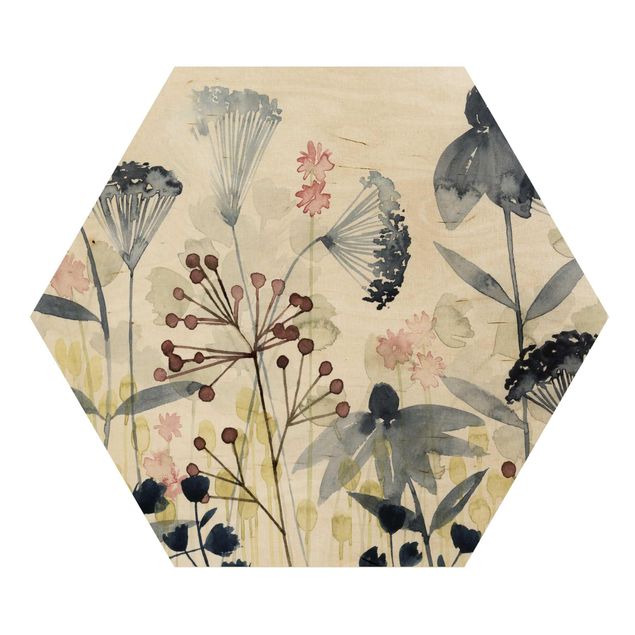 Obraz heksagonalny z drewna - Akwarela "Dzikie kwiaty" I