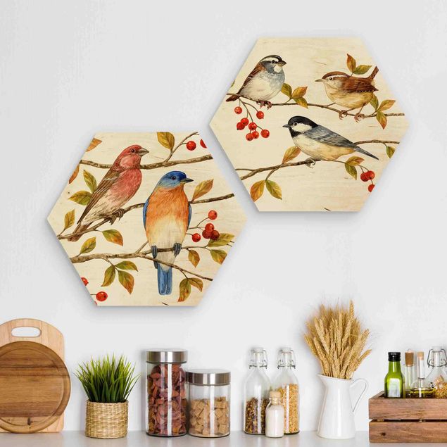Obraz heksagonalny z drewna 2-częściowy - Zestaw I Ptaki i jagody