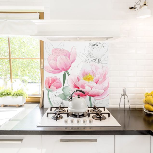 Panele szklane do kuchni Rysowanie różowych peonii I