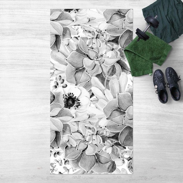 dywan zewnętrzny Akwarela Sukulent z kwiatem w tonacji czarno-białej