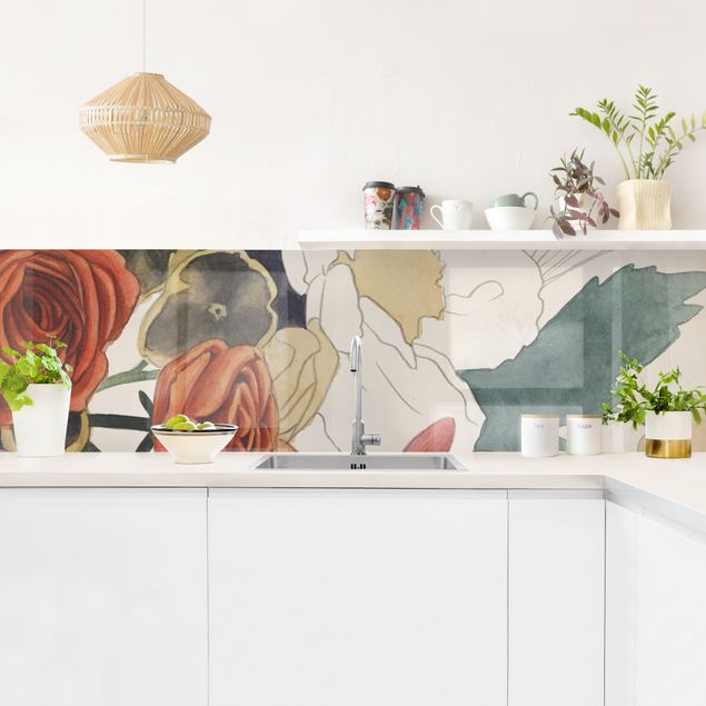 Panel szklany do kuchni Rysowanie bukietu kwiatów w czerwieni i sepii II