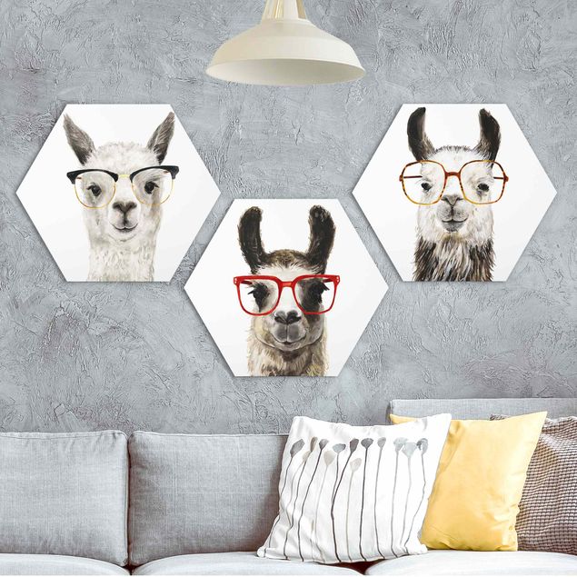 Obraz heksagonalny z Forex 3-częściowy - Hippy Llamas z zestawem okularów I