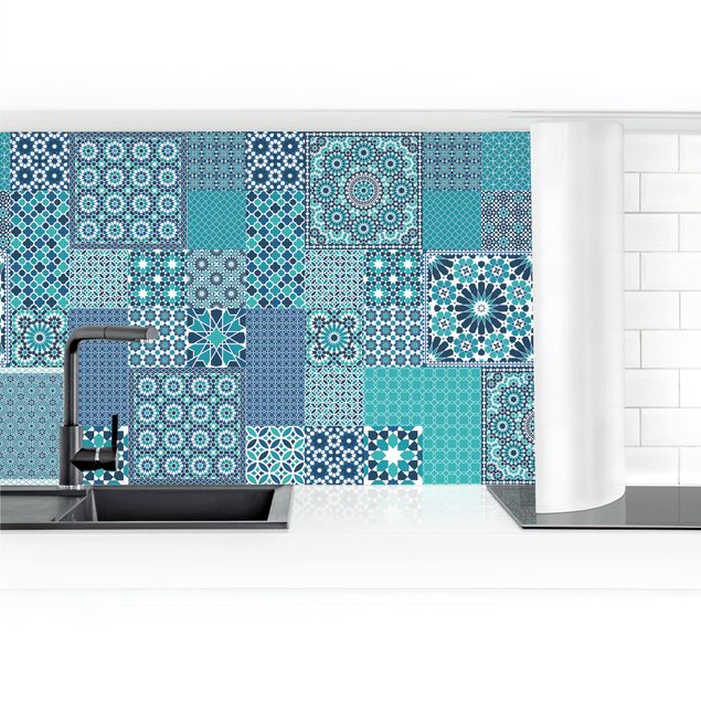 Panel ścienny do kuchni - Marokańskie płytki mozaikowe turkusowo-niebieskie