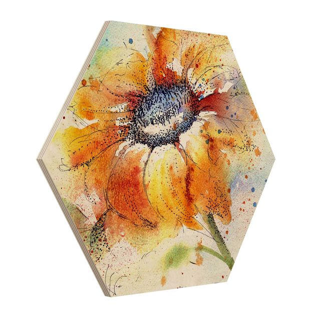 Obraz heksagonalny z drewna - Malowany słonecznik