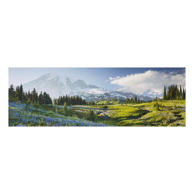 Obrazy do salonu Mountain Meadow With Blue Flowers in Front of Mt. Rainier