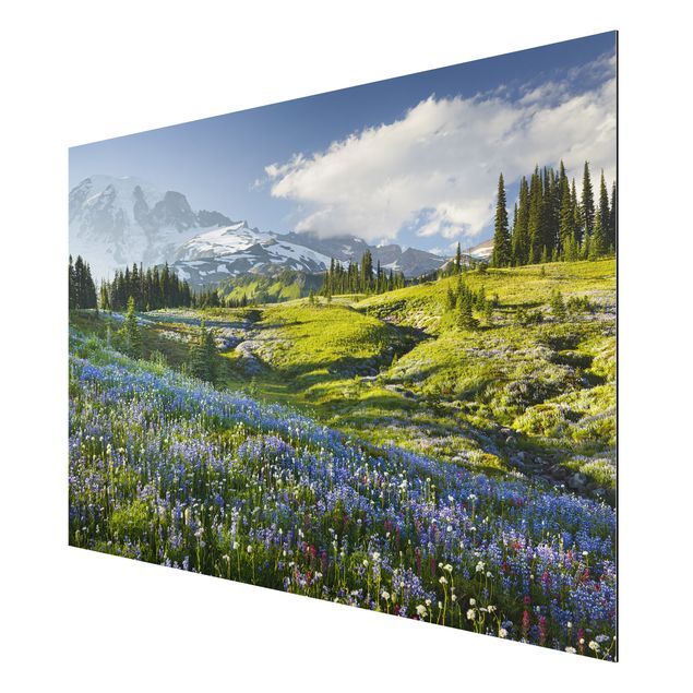 Obrazy nowoczesne Mountain Meadow With Blue Flowers in Front of Mt. Rainier