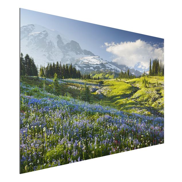 Dekoracja do kuchni Mountain Meadow With Blue Flowers in Front of Mt. Rainier