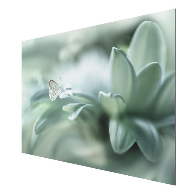 Obrazy nowoczesne Motyl i krople rosy w pastelowej zieleni