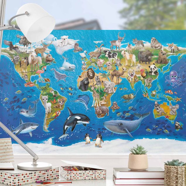 Folia okienna do sypialni Międzynarodowy Klub Zwierząt - Mapa świata ze zwierzętami