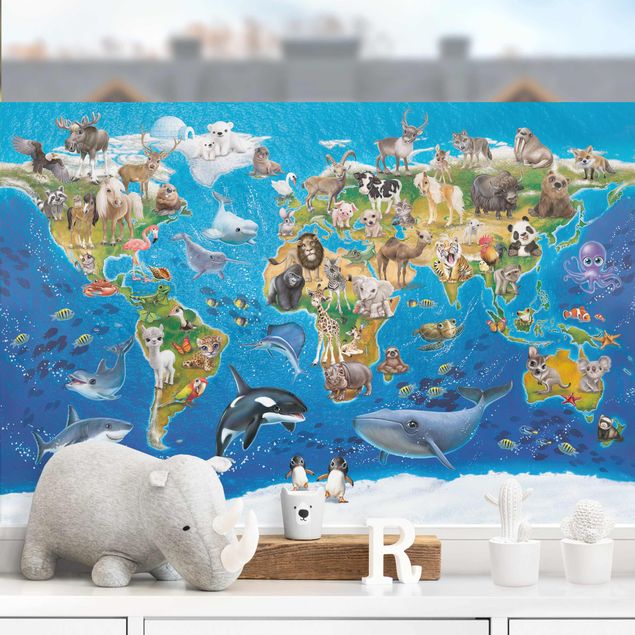 Folia okienna do salonu Międzynarodowy Klub Zwierząt - Mapa świata ze zwierzętami
