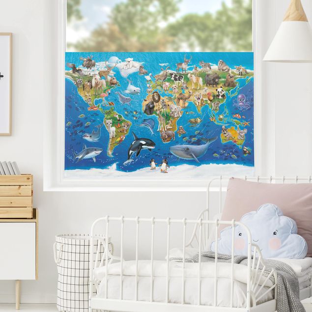 Kolorowa folia okienna Międzynarodowy Klub Zwierząt - Mapa świata ze zwierzętami