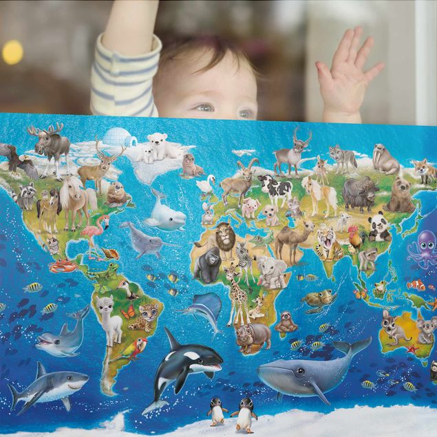 Folia okienna motywy Międzynarodowy Klub Zwierząt - Mapa świata ze zwierzętami