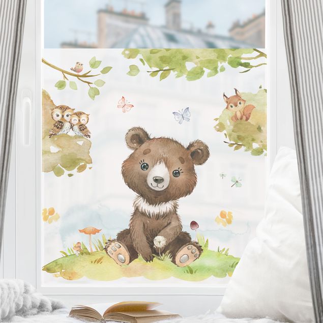 Folia okienna dla dzieci Akwarela niedźwiedź sowa i wiewiórka
