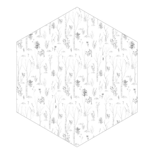 Sześciokątna tapeta samoprzylepna - Akwarela Las brzozowy czarno-biały